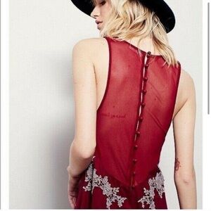 FP Red Floral Embroidered Button Back Jumpsuit Sz L